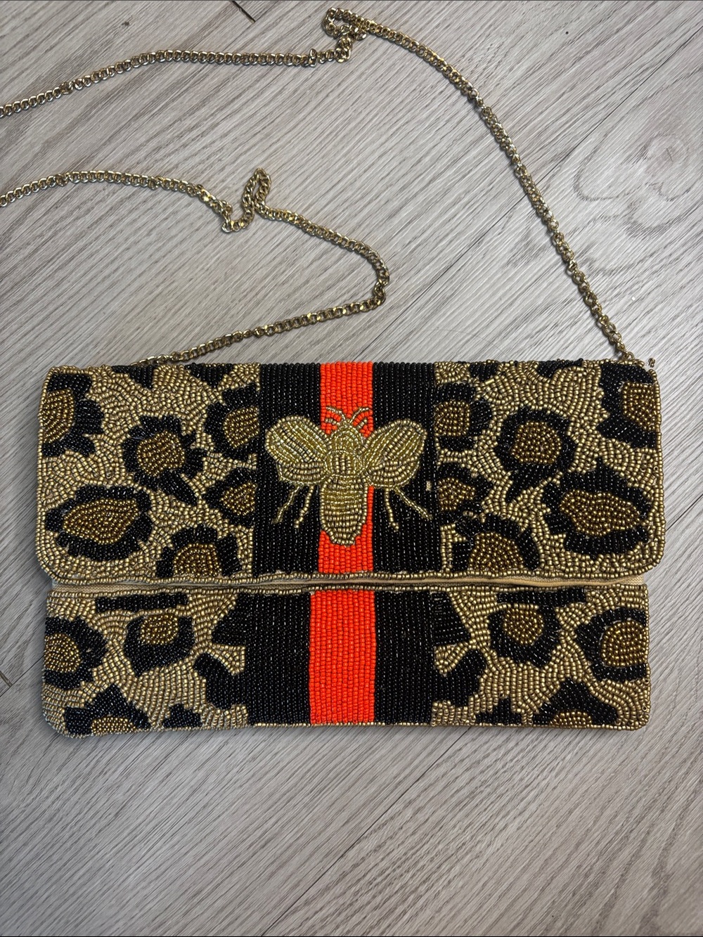 Beaded Leopard-Print Clutch with Gold Bee Accent in Black, Gold and Orange